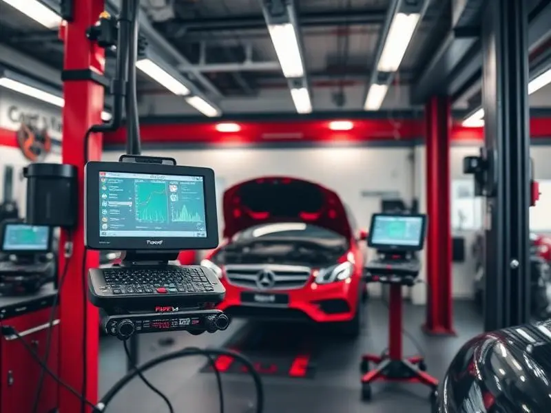 Mechanik pracující na motoru červeného auta v moderním autoservisu
